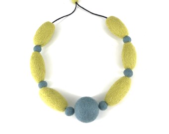 Yellow textile art light weight felt ball necklace, one of a kind statement necklace for women.