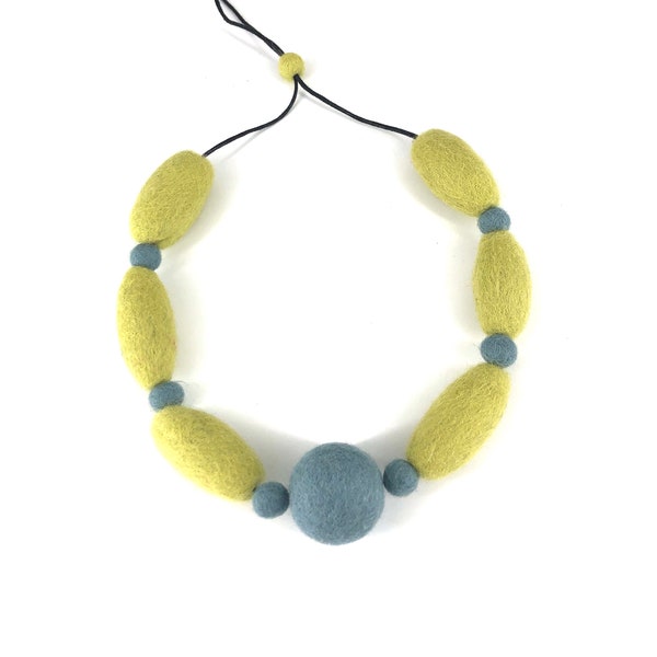 Yellow textile art light weight felt ball necklace, one of a kind statement necklace for women.