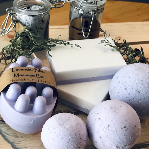 Handmade Lavender Bliss Bath Collection: Individual Lavender Hemp Bath Bombs, Bath Soaks, Soaps , Vegan, Organic Aromatherapy