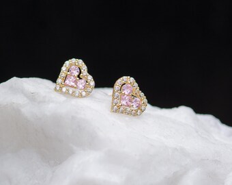 14k solid gold Pink and White Cubic Zirconia Frame Heart Stud Earring