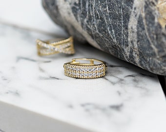 14k solid yellow gold simulated Diamond earring, Oval shape Huggie Hoop, Double paved cubic zirconia  sold as PAIR