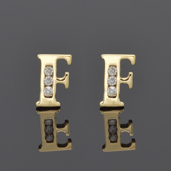 14K Initial  F Stud Earrings • PAIR, Letter Stud Earrings • Alphabet Stud Earrings • 14k Solid Yellow Gold • As Seen on Celebrities • PAIR