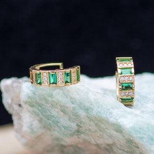 14K Solid Gold Synthetic Emerald and Diamond Huggies Hoop earring
