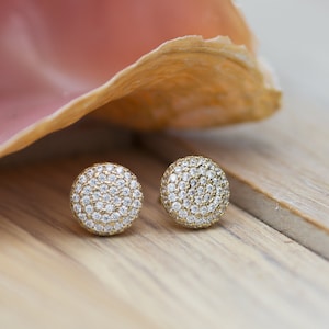 14K Solid Gold Pave Simulated Diamond Earrings, Cubic Zirconia Minimalist Stud , Handmade Dainty Disc studs, Special Gift for him and her