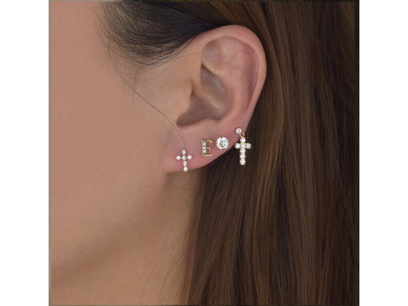14K Solid Gold Cross Stud Earring Etsy