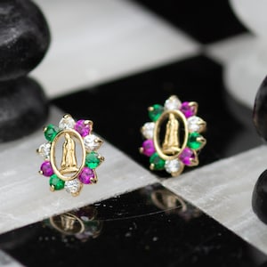 14k solid gold Guadalupe - Virgin Mary multi color CZ stud earring