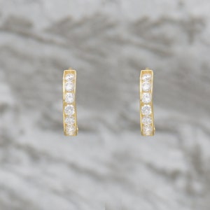 14k solid yellow gold single line simulated diamond earring, 14k Solid Gold Small Huggie Hoop 14K Solid Gold Hoop Earrings sold as PAIR