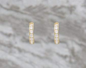 14k solid yellow gold single line simulated diamond earring, 14k Solid Gold Small Huggie Hoop 14K Solid Gold Hoop Earrings sold as PAIR