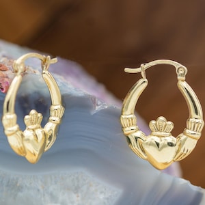 14K Solid Gold Claddagh Hoop Earrings