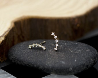 14K solid gold /simulated diamond/Micro Crawler Minimalist/modern, delicate ear crawler, post earrings, gold earring, minimalist jewelry