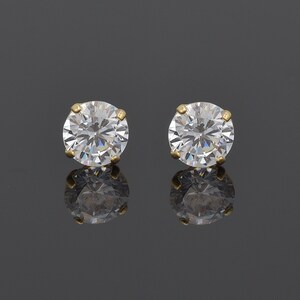 14k Solid Yellow Gold Basket Set Round CZ Stud butterfly back post Earrings, Pushback Sleeper Studs, Simulated Diamond, Unisex. Sold as Pair