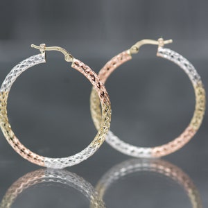 14K Tri color solid Gold Diamond cut Filigree Hoop earing, White/Yellow/Rose Gold mix, Italian gold Tri tone overlapping Hollow hoop, Gift