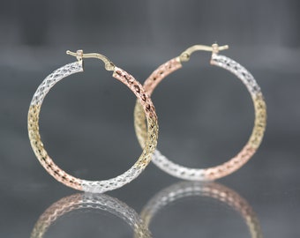 14K Tri color solid Gold Diamond cut Filigree Hoop earing, White/Yellow/Rose Gold mix, Italian gold Tri tone overlapping Hollow hoop, Gift