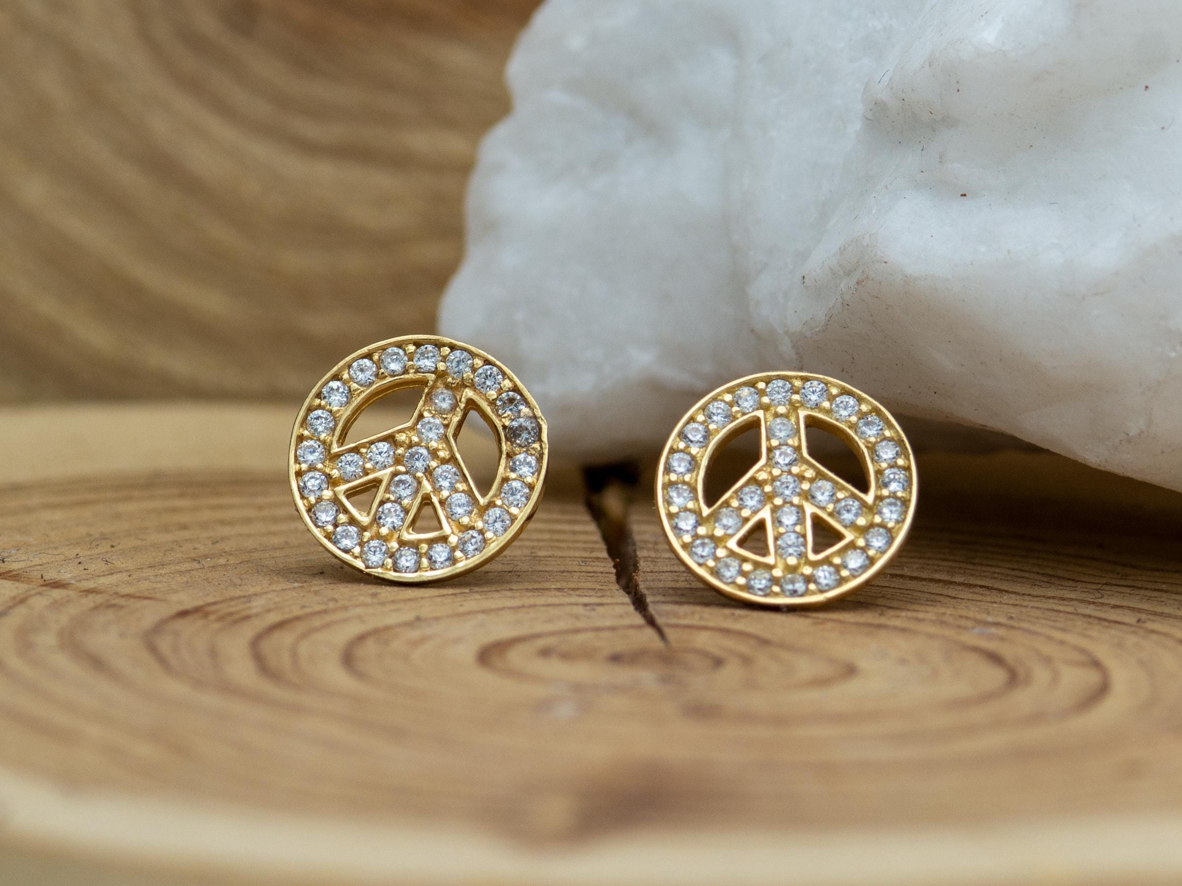 14k Solid Gold Peace Sign CZ Stud Earring - Etsy Australia