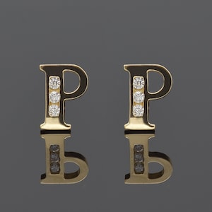 Aretes con inicial P de 14 quilates • PAR, aretes con letras • aretes con alfabeto • Oro amarillo macizo de 14 quilates • PAR o medio PAR