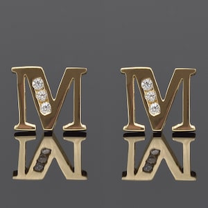 Aretes con inicial M de 14 quilates • PAR, Aretes con letras • Aretes con alfabeto • Oro amarillo macizo de 14 quilates • • PAR