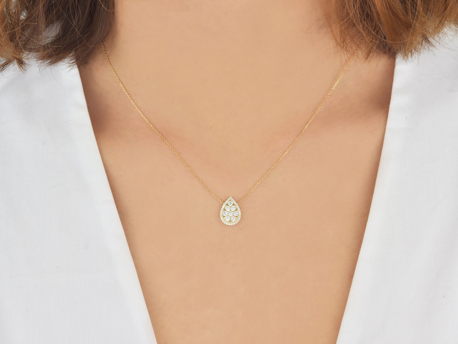 14K Solid Yellow Gold Teardrop Multi CZ Pendant With Cable Etsy