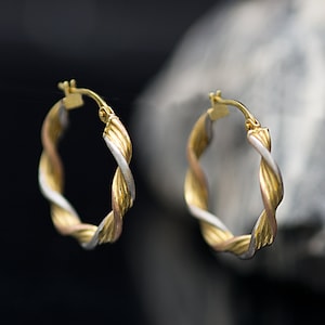 14K Tri Tone Real Gold Twisted Hoop Earrings, Satin Twist Hoop Earrings for Women, White/Yellow/Rose Gold tri color Mix, Classic gift