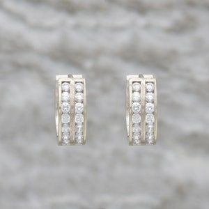 14k solid White gold two line simulated diamond earring, 14k Solid White gold Small Huggie Hoop 14K Solid Gold Hoop Earrings sold as PAIR