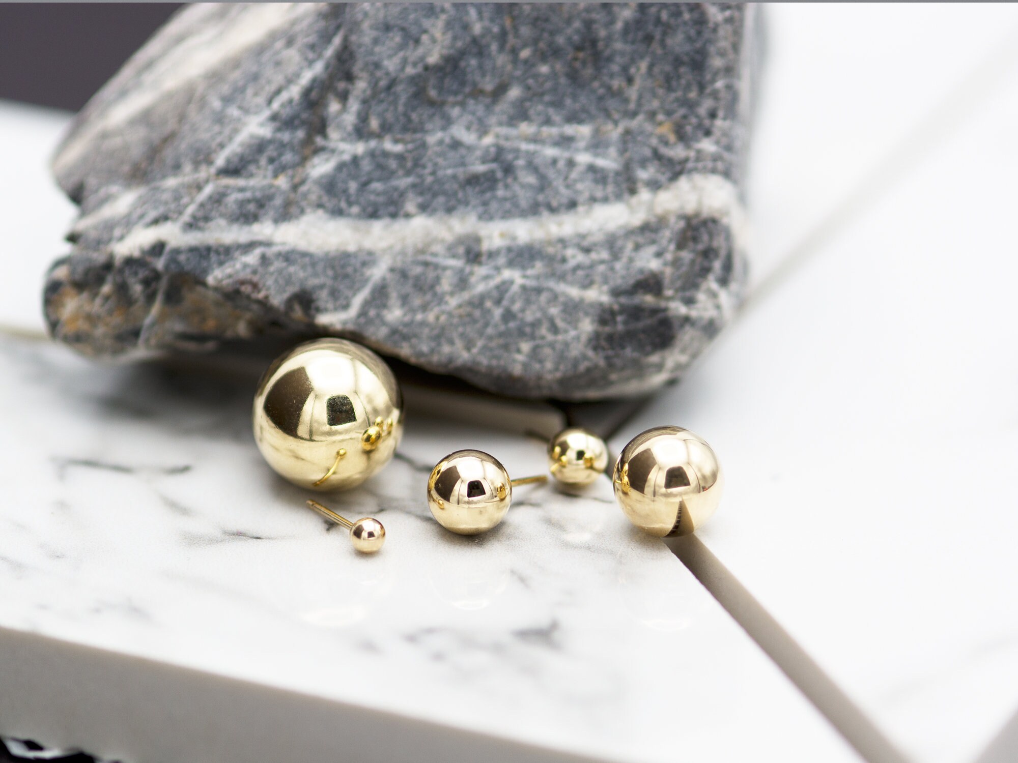 14K Gold Round Ball Earrings / Solid Yellow, White Gold