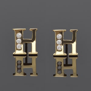 Aretes con inicial H en oro macizo de 14 quilates con circonita cúbica • PAR, Aretes con letras • Aretes con alfabeto • Oro amarillo macizo de 14 quilates • PAR