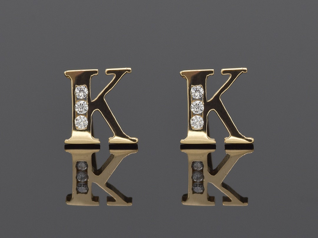 14K Initial K Stud Earrings PAIR, Letter Stud Earrings Alphabet Stud