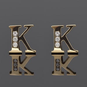 Aretes con inicial K de 14 quilates • PAR, Aretes con letras • Aretes con alfabeto • Oro amarillo macizo de 14 quilates • PAR