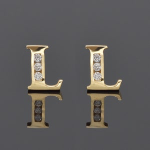 Aretes con inicial L de 14 quilates • PAR, Aretes con letras • Aretes con alfabeto • Oro amarillo macizo de 14 quilates: PAR