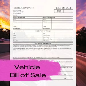 Vehicle Bill of Sale template / Printable / Business form template / Vehicle sale Invoice / Digital Download / Editable form/ Excel