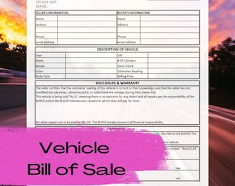 Vehicle Bill of Sale template / Printable / Business form template / Vehicle sale Invoice / Digital Download / Editable form/ Excel