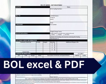 Modèle de connaissement / PDF & Excel / Modèle de formulaire commercial / Téléchargement numérique BOL / Formulaire BL modifiable