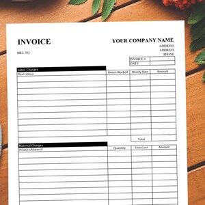 May include: A blank invoice template with fields for billing information, labor charges, material charges, and totals. The template is designed for businesses to track and record invoices.