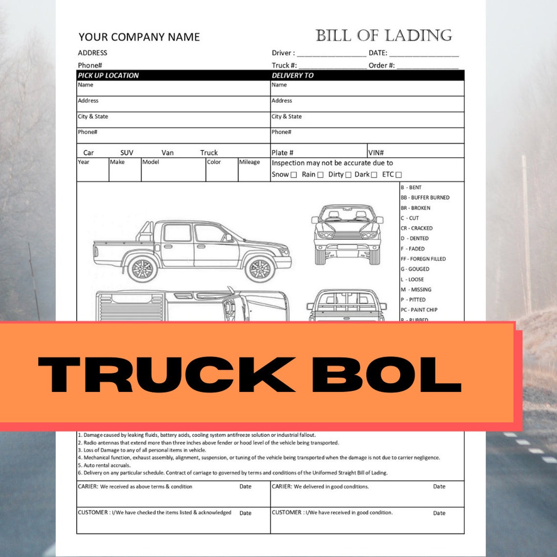 Buy Truck Bill of Lading Template / Printable / Business Form Online in