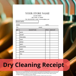 May include: A black and white dry cleaning receipt with the title "Dry Cleaning Receipt" and the text "Thank you for your business!" at the bottom. The receipt has columns for quantity, description, price, and amount. The description column lists items such as suits, jackets, trousers, coats, dresses, skirts, sweaters, shirts, blouses, and ties.