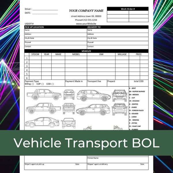 Vehicle Bill of Lading template / Printable / Business form template / BOL Digital Download / Editable Automobile Transportation Excel