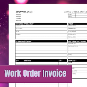 Può includere: Un modello di fattura di ordine di lavoro in bianco e nero con il testo "Work Order Invoice" in caratteri grandi e grassetto. Il modello include sezioni per le informazioni aziendali, le informazioni del cliente, la descrizione del lavoro, la manodopera, le spese varie e il costo totale.