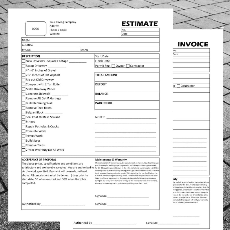 PAVING Service Estimate & Invoice / Business Form Template / Digital