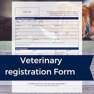 May include: A veterinary registration form with a blue and white color scheme. The form includes sections for client information, pet information, and payment details. The text "Veterinary registration Form" is displayed in large, bold letters.