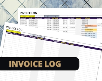 May include: A black and white printable invoice log spreadsheet with the title "Invoice Log" in yellow and black. The spreadsheet has columns for invoice number, date, customer, net amount, due date, paid, paid date, balance, status, and action. The spreadsheet is designed to help businesses track their invoices and payments.