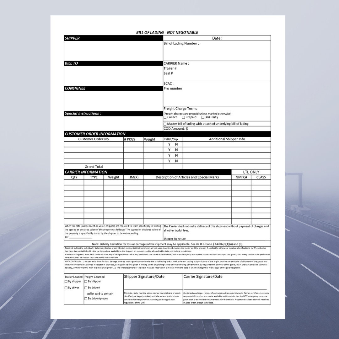 Bill of lading template printable business form template bol
