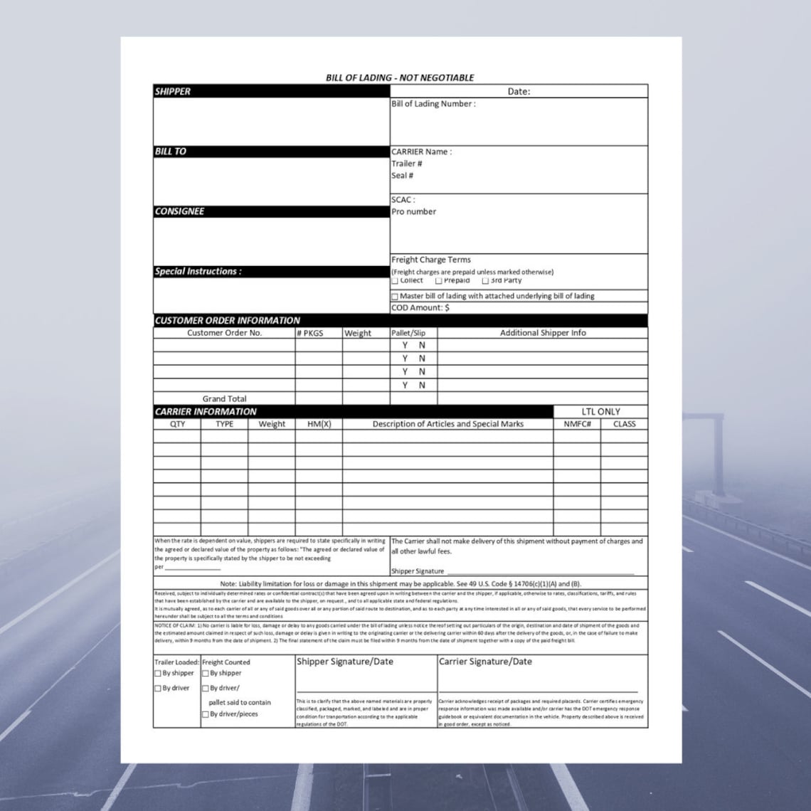 Bill of Lading Template / Printable / Business Form Template / BOL Bill of Lading Template / Printable / Business Form Template / BOL
