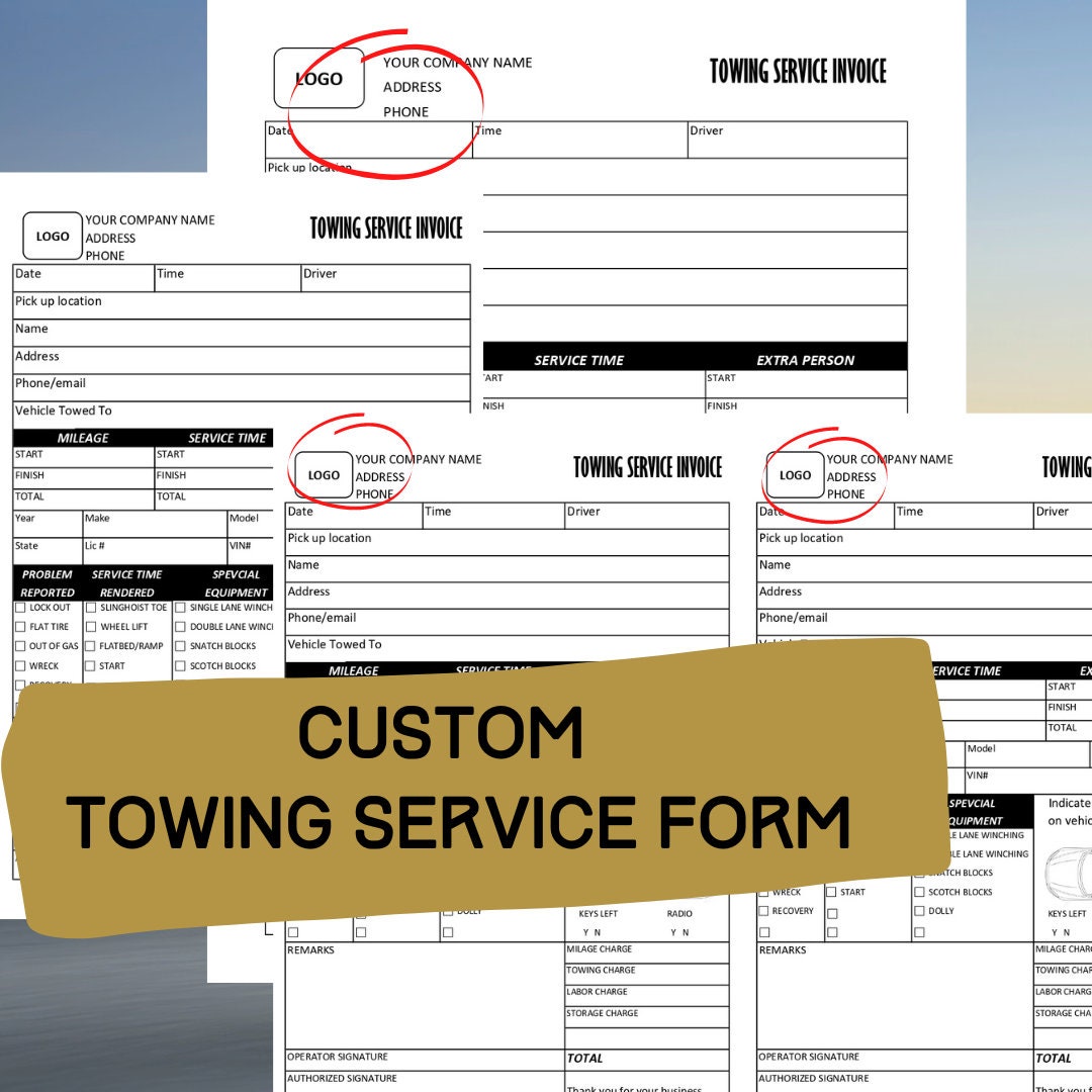 Custom Towing Service Invoice / Towing Form / Choose From 2 Sizes 8" 1/