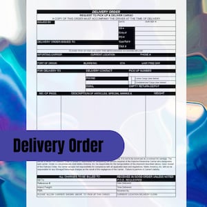 May include: A delivery order form with a purple banner reading "Delivery Order." The form includes fields for details like the importing carrier, port of origin, delivery contact, and description of articles. The background has blue and white abstract shapes.