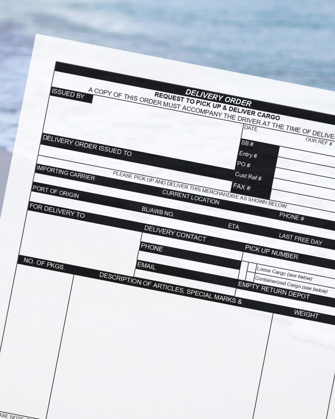 Delivery Order Template / Port Pick-up Order Printable / Dispatch Form ...
