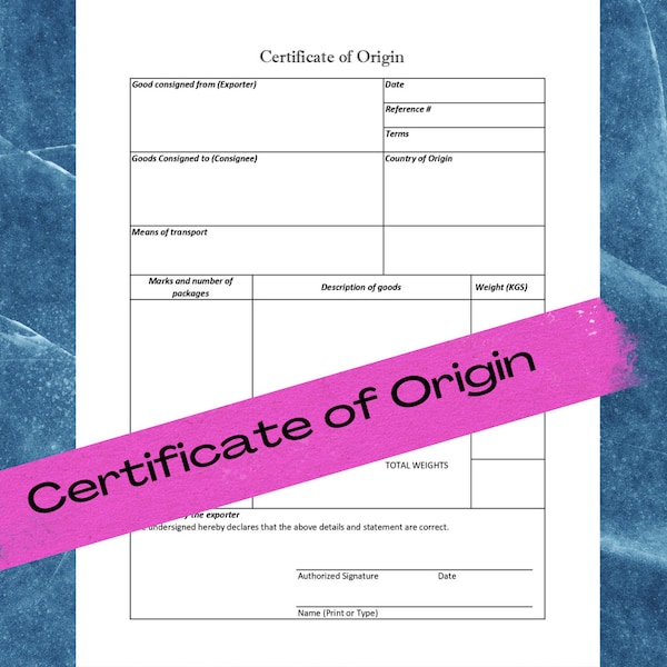 Certificate of Origin / Printable Ready to Use Form / Business form template / Digital Download / Fully Editable form / Excel