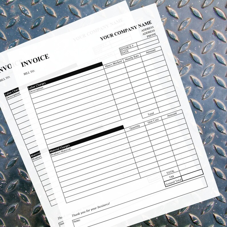 May include: A blank invoice template with sections for labor charges, material charges, and a total amount. The template includes fields for item description, quantity, unit cost, and amount.