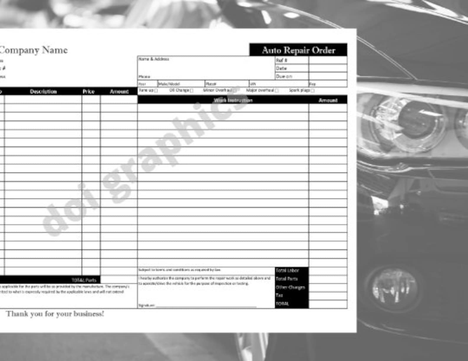 Auto Repair Order Form Template / Auto Repair Service Form / Printable Auto Repair Order Form Template / Auto Repair Service Form / Printable