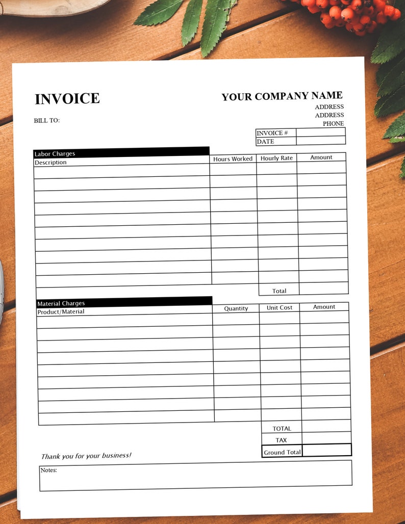 May include: A blank invoice template with fields for billing information, labor charges, material charges, and totals. The template is designed for businesses to track and record invoices.