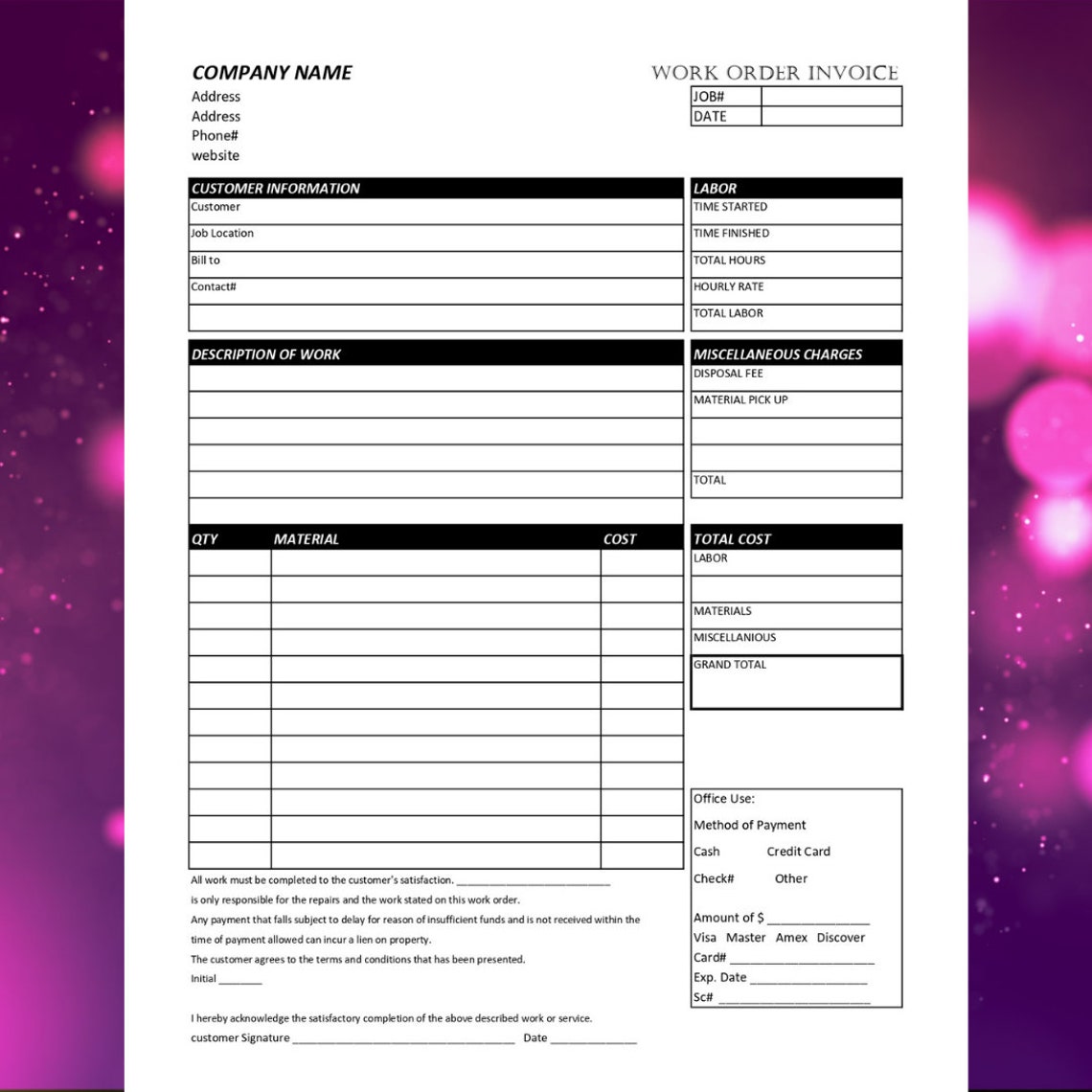 Simple Work Order Invoice Template / Printable Invoice / Business Form ...