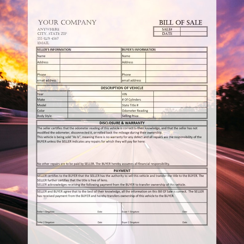 Vehicle Bill of Sale Template / Printable / Business Form Template Vehicle Bill of Sale Template / Printable / Business Form Template